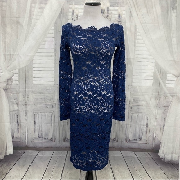 PattyBoutik Medium Blue Lace Boat Neck Long Sleeve Fitted Sexy Dress Pencil NWT - Picture 1 of 11